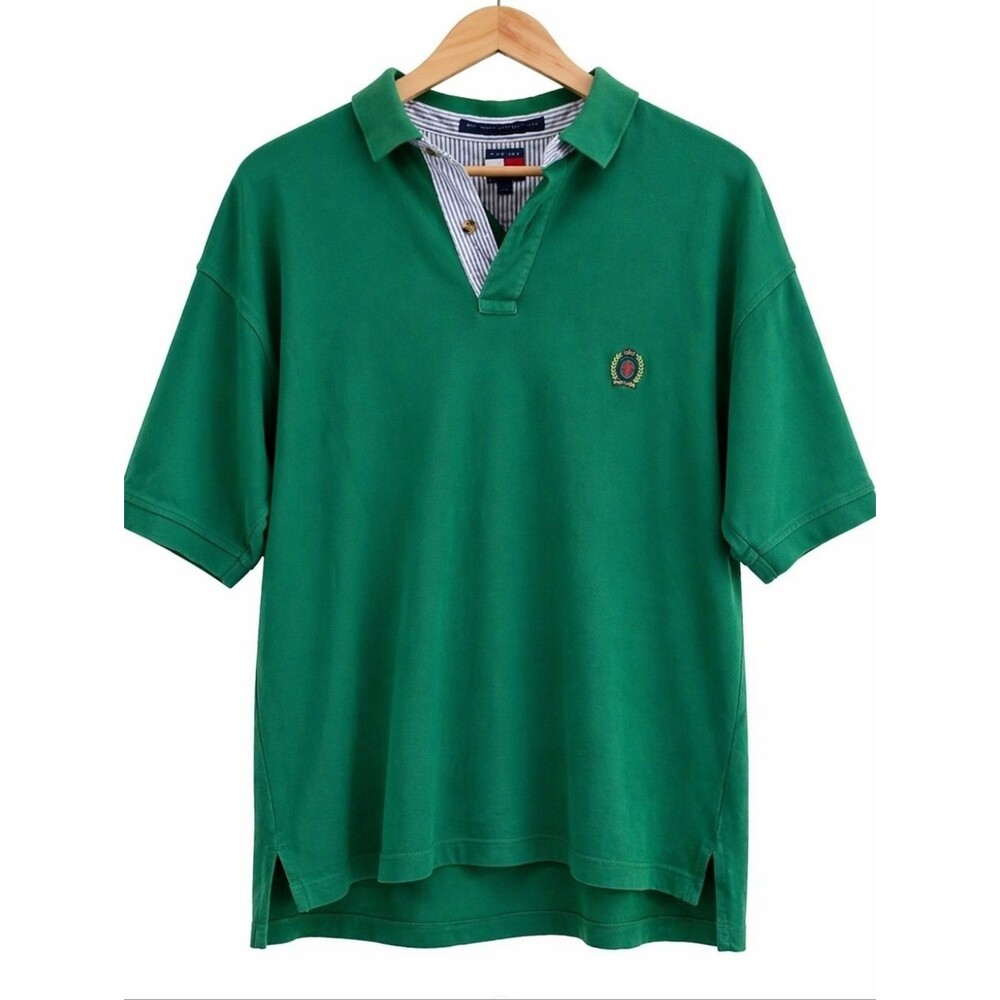 Tommy Hilfiger Men's L Green Polo Shirt Crest Logo Short Sleeve Preppy Golf